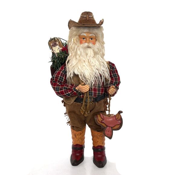 Cowboy Santa With Toys Holding A Saddle 18.5 Inches Tall Christmas